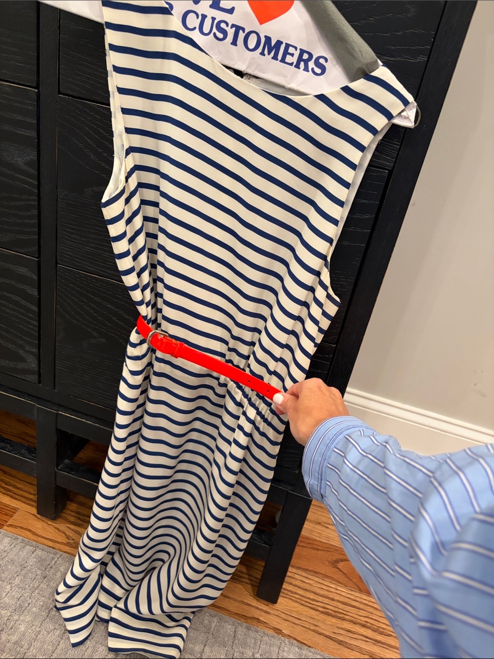 J. Crew Navy and White Striped Sleeveless Maxi Dress with Red Belt